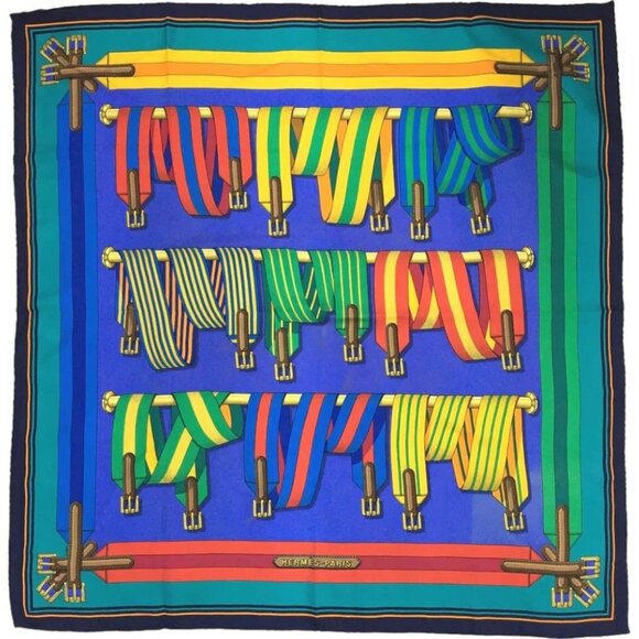 478184AH (S2) Hermes Scarf Les Sangles Carre 90 Multicolor Silk 100% - Picture 1 of 9
